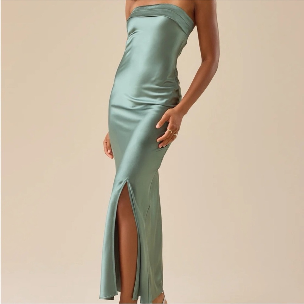 Altar'd State Strapless Satin Slip Dress in Sage